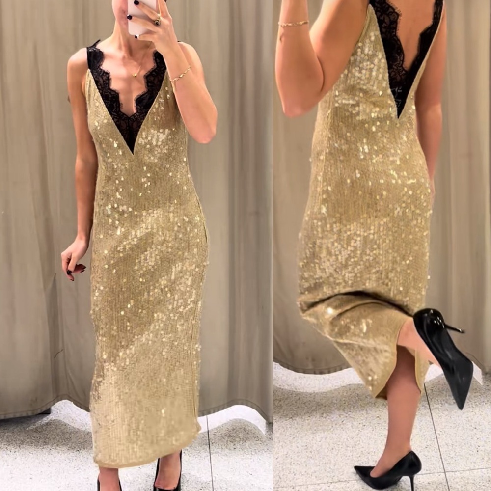 Zara ZW Collection Gold Sequin Lace Maxi Dress NWT Size M Glam Evening Party